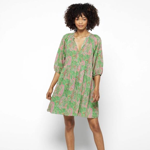 Ba&sh Lady Dress Small Green Pink Paisley V-Neck A Line 3/4 Sleeve Tiered Odeon - Picture 1 of 11
